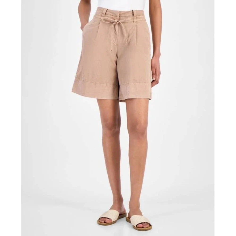 BOSS Orange High-Rise Baggy-Fit Shorts Women's 10 Beige Pleated Zip Hook & Bar